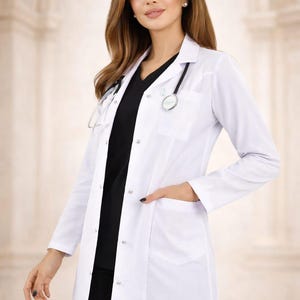 Puede incluir: Una bata de laboratorio blanca con una parte superior y pantalones negros. La bata tiene un diseño clásico con cuello con solapas, bolsillos y cierre de botones. Un estetoscopio cuelga del cuello. La bata la lleva una persona.