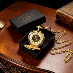 Może przedstawiać: Złoty zegarek kieszonkowy z szkieletową tarczą, prezentowany w czarnym pudełku. Zegarek posiada rzymskie cyfry i łańcuszek. Wieczko pudełka zdobi wzór róży wiatrów. Na drewnianej powierzchni.