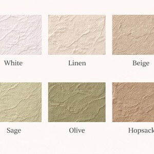 May include: A collection of six textured rectangular swatches in various neutral colors. The colors include white, linen, beige, sage, olive, and hopsack. Each swatch has a unique, slightly wrinkled surface, with the color names displayed below each swatch.