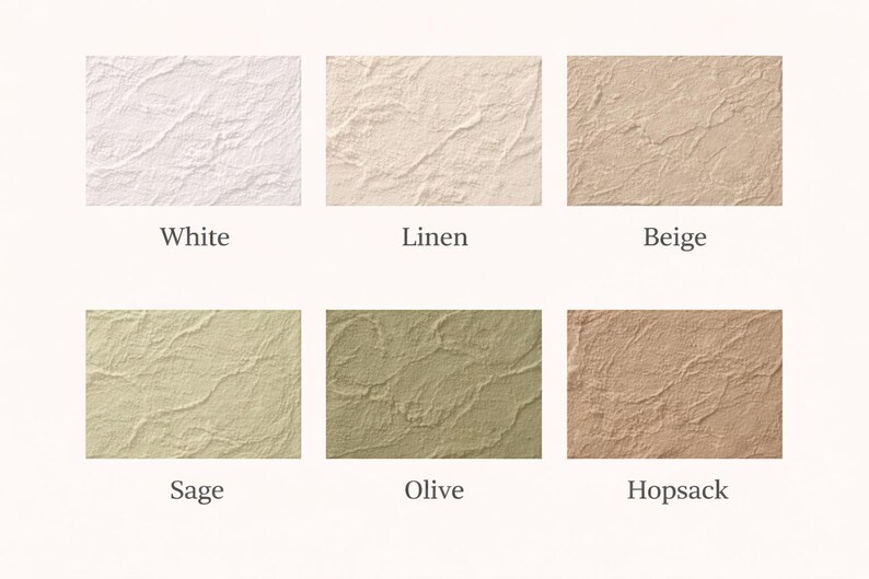 May include: A collection of six textured rectangular swatches in various neutral colors. The colors include white, linen, beige, sage, olive, and hopsack. Each swatch has a unique, slightly wrinkled surface, with the color names displayed below each swatch.