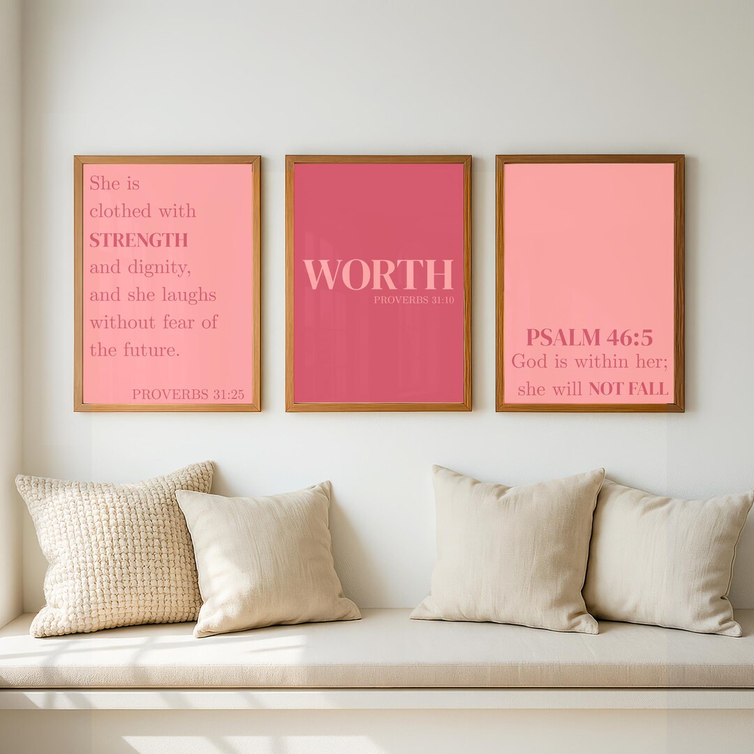Pink Coral Christian Wall Art Set of 3, Proverbs 31:25 Print, Feminine ...