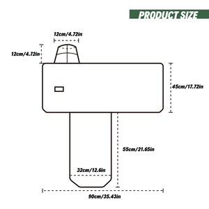 May include: A technical line drawing of a T-shaped object labeled PRODUCT SIZE. Dimensions include a 45-inch by 90-inch main section, a 12-inch by 12-inch top component, and a 32-inch by 55-inch lower section, with all measurements clearly marked.