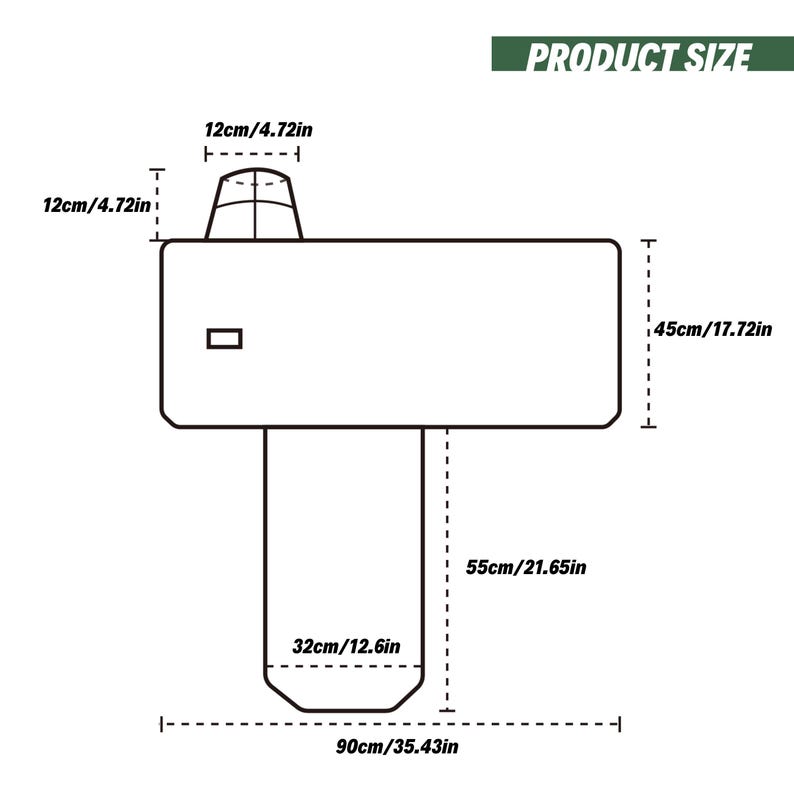 May include: A technical line drawing of a T-shaped object labeled PRODUCT SIZE. Dimensions include a 45-inch by 90-inch main section, a 12-inch by 12-inch top component, and a 32-inch by 55-inch lower section, with all measurements clearly marked.