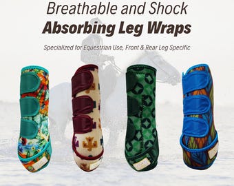 May include: Four equestrian leg wraps featuring three hook-and-loop straps each. The first has a colorful floral pattern with teal trim, the second is cream with maroon symbols and trim, the third is green with black geometric shapes, and the fourth has a blue leaf pattern with blue trim.