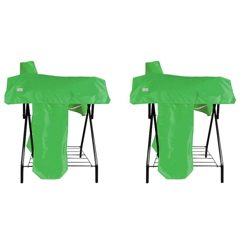 May include: Two identical bright green saddle covers draped over black metal folding stands. Each cover features a smooth, water-resistant material that drapes down the sides, with a small rectangular white label visible on the upper left corner.