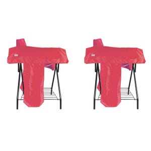 May include: Two identical folding stands, each draped with a bright red, rectangular fabric cover. The stands feature a black metal frame with a lower wire shelf. The red fabric hangs down the front and sides, creating a uniform, protective layer.