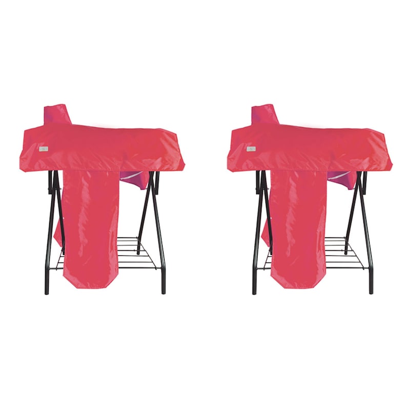 May include: Two identical folding stands, each draped with a bright red, rectangular fabric cover. The stands feature a black metal frame with a lower wire shelf. The red fabric hangs down the front and sides, creating a uniform, protective layer.