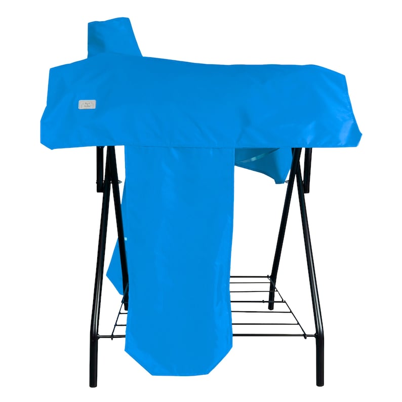 May include: A bright blue saddle cover draped over a black metal saddle stand. The cover features a small rectangular white label on the side. The stand has a black frame with a wire rack base for storage, providing a stable structure for the saddle.