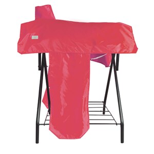 May include: A bright red saddle cover draped over a black metal saddle stand. The cover features a smooth, water-resistant texture and a small rectangular white label on the side. The stand has a wire rack base and four black legs.