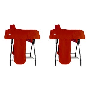 May include: Two identical folding ironing boards, each covered with a solid bright red fabric cover. The boards feature black metal legs and a small wire rack at the base for storage. The red fabric drapes over the sides of the boards.