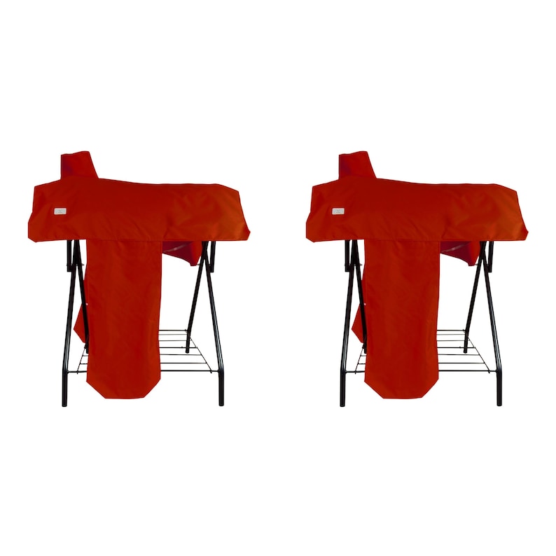 May include: Two identical folding ironing boards, each covered with a solid bright red fabric cover. The boards feature black metal legs and a small wire rack at the base for storage. The red fabric drapes over the sides of the boards.