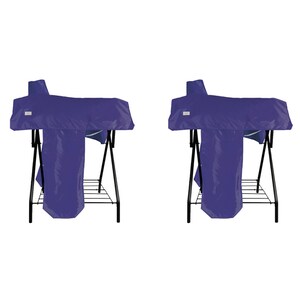 May include: Two identical purple protective covers draped over black metal folding stands. Each cover features a smooth, solid purple fabric that extends downward, concealing the upper portion of the black metal frame structure.