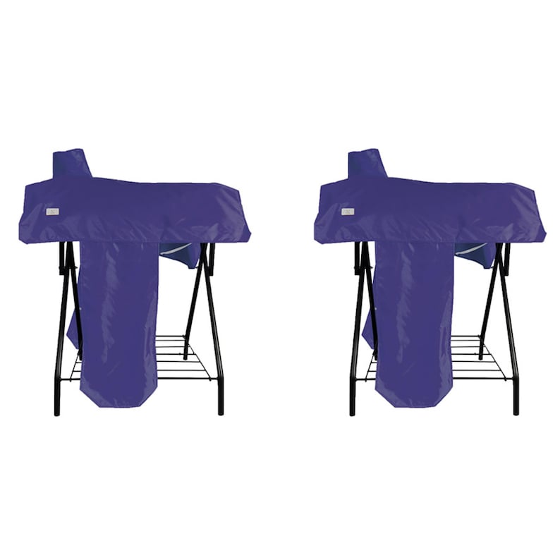 May include: Two identical purple protective covers draped over black metal folding stands. Each cover features a smooth, solid purple fabric that extends downward, concealing the upper portion of the black metal frame structure.