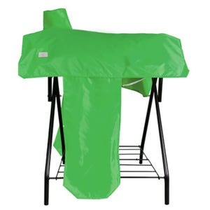 May include: A bright green protective cover draped over a black metal saddle stand. The cover features a smooth, water-resistant texture and a small rectangular white label on the side. The stand has a sturdy frame with a lower storage rack.