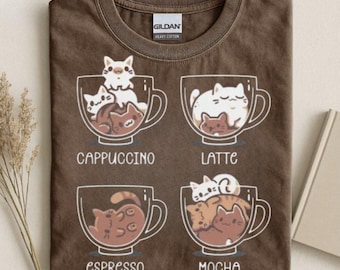 T-shirt unisexe mignon Coffee Cats Cup | Americano latte moka cappuccino recette chat et café tee shirt drôle patte de chat tee shirt chat Gildan cadeau