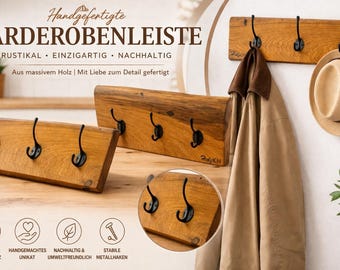 Massive Eiche Garderobenleiste – Handgemachte Wandgarderobe mit Metallhaken – Rustikales Holz Design – Unikat
