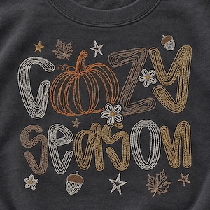 Può includere: Una felpa girocollo grigio antracite con la scritta ricamata COZY SEASON. Il design include una zucca arancione, ghiande bianche e marroni, piccoli fiori e forme a stella cucite con filo bianco e arancione.