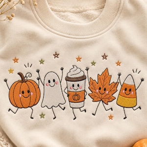 Fall Halloween Friends 5 Sizes Machine Embroidery Design, Cute Dancing Pumpkin Ghost Coffee Leaf Candy Corn Embroidery, Instant Download.