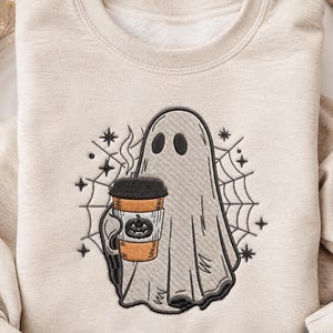 Ghost Coffee 5 Sizes Machine Embroidery Design, Halloween Spooky Ghost Pumpkin Latte Spider Web Stars Embroidery Design, Instant Download.