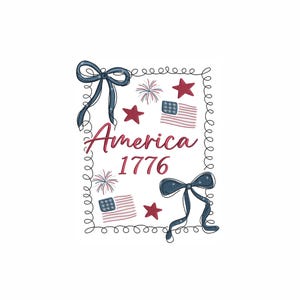 以下が含まれることがあります： 赤色の筆記体でAmerica 1776と書かれたデジタル刺繍デザイン。濃い青色のリボン2つ、小さなアメリカ国旗2つ、赤い星3つ、花火の模様2つが描かれており、全体が連続したループ状の枠で囲まれています。