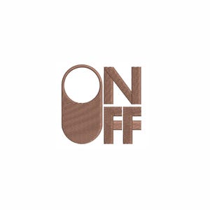 May include: A brown embroidered design featuring the words "ON" and "OFF". The "ON" is composed of a rounded tag shape and the letter "N". The "OFF" is stacked vertically.