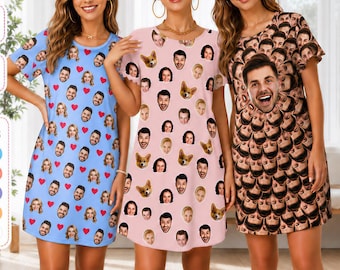 Custom Face Pajama Dress, Personalized Photo Sleepwear, Birthday Gift,Monther's Day Gift
