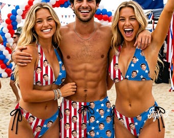 Custom Face American Flag One Piece Swimsuit, United States 250 Bikini, 1-10 Faces Free Patriotic Bathing Suit, Personalized USA Monokini