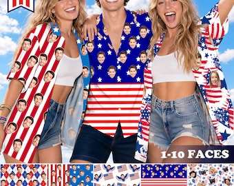 Custom Face Hawaiian Shirt, Personalized Photo USA Celebrates 250th T-Shirt, Couple Shirts, 4th of july shirt