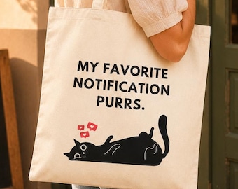 Cat Tote Bag, Cat Lover Gift, Black Cat Canvas Tote, Notification Purrs Bag, Cute Cat Illustration, Gift for Cat Dad Mom