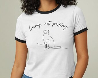 Living Not Posting Ringer T-Shirt - Minimalist Cat Line Art Tee - Digital Detox Mindful Lifestyle Top