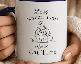 Cute Cat Mug | Perfect Gift for Cat Lovers & Bookworms | Ceramic Coffee Cup | Cat Mom Gift | Less Screen Time, More Cat Time