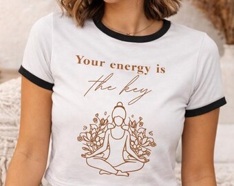 Your Energy Is The Key Ringer Tee - Cropped Yoga Top - Minimalist Meditation Manifestation Graphic Apparel