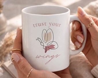Trust Your Wings Butterfly Mug - Aesthetic Fine Line Art Coffee Cup - Inspirational Self Love Growth Gift