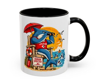 Funny Shark Mug, Lifeguard Coffee Mug, Retro Ocean Mug, Shark Lover Gift, Beach Life Mug, Quirky Ceramic Cup, Human Spotted Mug