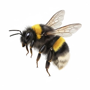Puede incluir: Ilustración detallada de un abejorro en vuelo, mostrando su cuerpo a rayas negras y amarillas, textura esponjosa y alas transparentes. La abeja se representa sobre un fondo blanco limpio, resaltando sus intrincados detalles y colores naturales.