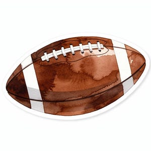 Könnte beinhalten: Aquarell-Illustration eines braunen Footballs mit weißen Streifen und Nähten. Der Football ist oval geformt und hat eine Aquarelltextur mit einem weißen Rand.