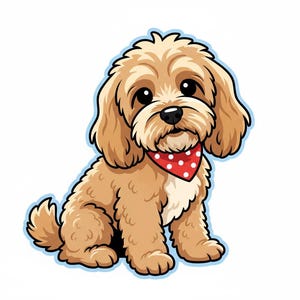Puede incluir: Ilustración de dibujos animados de un perro de color marrón claro con ojos grandes y oscuros y orejas caídas. El perro lleva un pañuelo rojo con lunares blancos. La imagen tiene un contorno azul y está sobre un fondo blanco.