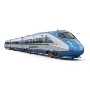 以下が含まれることがあります： 青と白のGlobal Express高速鉄道。列車は、青いフロントと白と青の車体を持つ流線型のデザインです。「GLOBAL EXPRESS」の文字が側面に印刷されています。白い背景に列車があります。