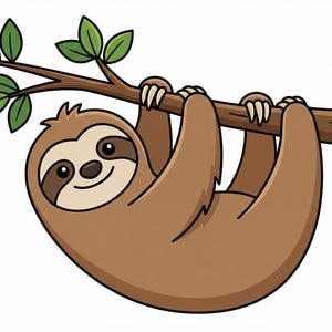 Puede incluir: Ilustración de dibujos animados de un perezoso marrón colgado de una rama marrón con hojas verdes. El perezoso tiene una cara marrón claro con marcas marrones oscuras alrededor de los ojos y una expresión sonriente.