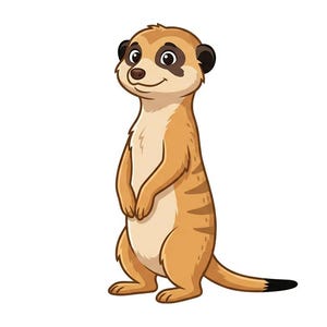 Op de afbeelding: Een cartoon illustratie van een stokstaartje dat rechtop staat. Het stokstaartje heeft bruin haar met donkere strepen en markeringen rond de ogen en oren. De staart heeft een zwarte punt en een vriendelijke uitdrukking.