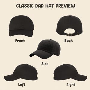 Może przedstawiać: Podgląd czarnej klasycznej czapki typu "dad hat", pokazany z przodu, z tyłu, z boku, z lewej i prawej strony. Czapka ma zakrzywiony daszek i regulowany pasek. U g&oacute;ry znajduje się napis "CLASSIC DAD HAT PREVIEW".