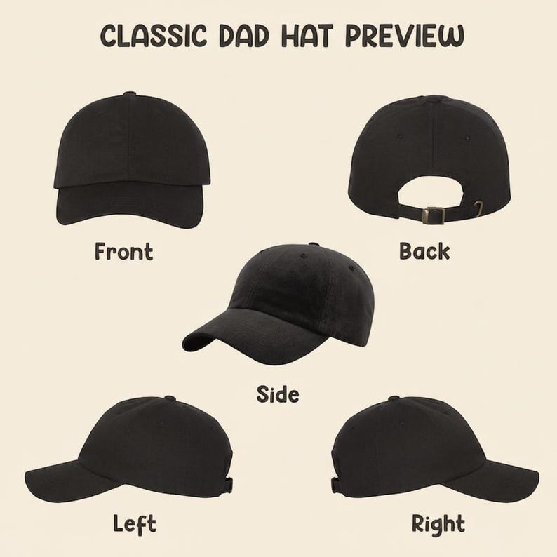 Może przedstawiać: Podgląd czarnej klasycznej czapki typu "dad hat", pokazany z przodu, z tyłu, z boku, z lewej i prawej strony. Czapka ma zakrzywiony daszek i regulowany pasek. U g&oacute;ry znajduje się napis "CLASSIC DAD HAT PREVIEW".