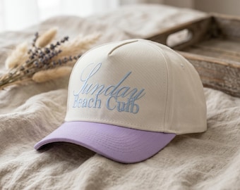 Sunday Beach Club Trucker Hat, Custom Embroidered Hat, Personalized Two Tone Cap, Vintage Snapback Hat