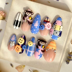 Kidcore Mismatched Press On Nails 3D Monkey Button Patchwork