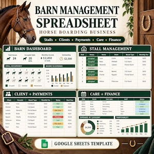 Hoja de cálculo para la gestión de establos / Alojamiento de caballos, gestión de cuadras, base de datos de clientes, pagos y panel de control financiero / Hojas de cálculo de Google