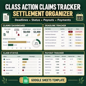 Class Action Claims Tracker | Settlement Organizer, Claim Deadline, Payout and Payment Tracker | Google Sheets Template