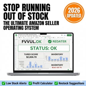 May include: A laptop screen displays an Amazon seller operating system interface. The screen shows inventory charts, a profit calculator, and low stock alerts. The text reads "STOP RUNNING OUT OF STOCK" and "2026 UPDATED".
