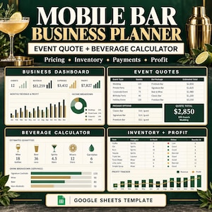 Mobile Bar Business Planner and Event Quote Template | Beverage Calculator, Bar Inventory, Payment and Profit Tracker | Google Sheets