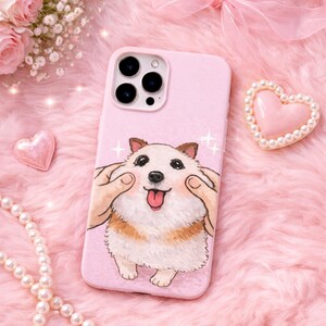 Squishy valptelefonskal glad liten hund rodnande rosa bakgrund Mission Driven