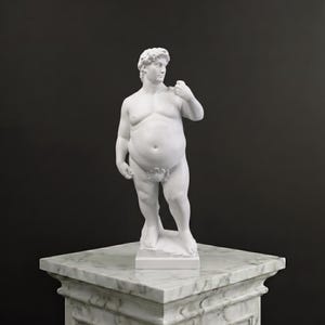 May include: A white sculpture of a standing figure with a rounded physique, curly hair, and a neutral expression. The figure is depicted in a contrapposto stance, with one hand raised near the shoulder and the other resting at the side.